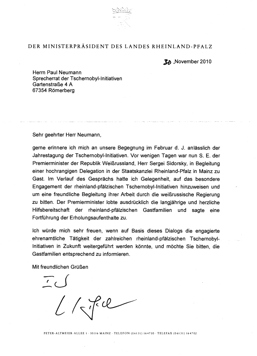 Brief des Ministerpr&auml;sidenten